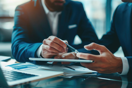 Two men are sitting at a table, actively engaged in working on a tablet device, Focused business professionals working together on a digital tablet, AI Generatedの素材