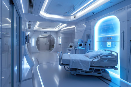 A hospital room showing a bed and various medical equipment, including monitors and IV stands, Futuristic hospital room equipped with advanced medical technology, AI Generatedの素材