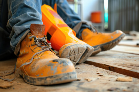 A vibrant pair of yellow shoes resting casually on top of a rustic wooden floor, Graphic rendering of common workplace injuries, AI Generatedの素材