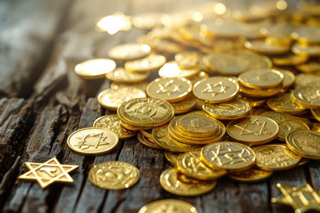 A collection of gold coins stacked in a pile on top of a wooden table, Golden Hanukkah gelt scattered on a table, AI Generatedの素材