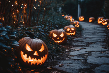 A collection of intricately carved pumpkins sitting on top of a paved pathway, Grinning jack o' lanterns illuminating a dark pathway, AI Generatedの素材