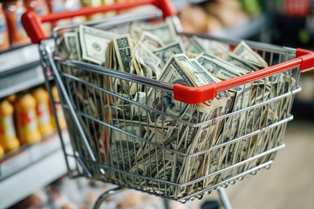 Shopping Cart Filled With Money in Grocery Store, Grocery cart overflowing with money to illustrate inflation in the cost of living, AI Generatedの素材