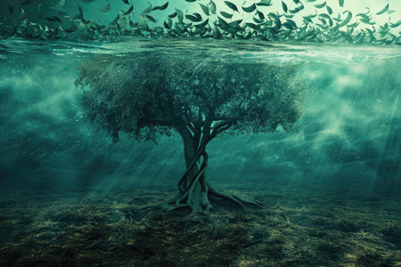 A solitary tree stands tall in the center of a body of water, surrounded by stillness and serenity, Inflation shown as an insidious vine strangling an economy represented by a tree, AI Generatedの素材