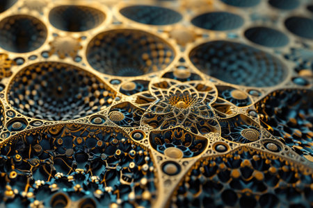 A detailed view of numerous water droplets covering the surface, reflecting light and creating tiny pools, Intricate pattern inspired by a nanoparticle structure, AI Generatedの素材