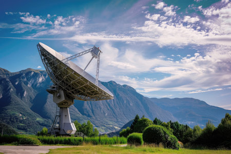 A very large satellite dish is prominently placed in the middle of a vast field, Large satellite dish receiving data from space, AI Generatedの素材
