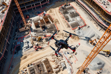 A helicopter hovers above a busy construction site, overseeing the progress of ongoing building projects, Large-scale construction site utilizing drone technology for site surveying, AI Generatedの素材