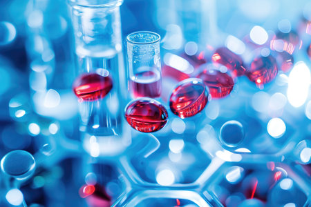 A collection of red glassware arranged neatly on top of a table, Leading-edge nanotechnology for targeted drug delivery, AI Generatedの素材