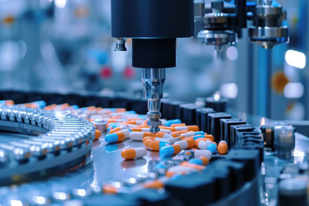 A machine with a variety of pills arranged on its surface, Medicines and drugs being produced by automated machines, AI Generatedの素材
