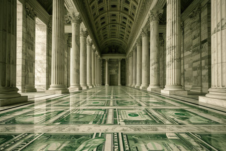 A long hallway with columns and a floor covered in green and white tiles, Metaphoric representation of the US Federal Reserve printing money, AI Generatedの素材