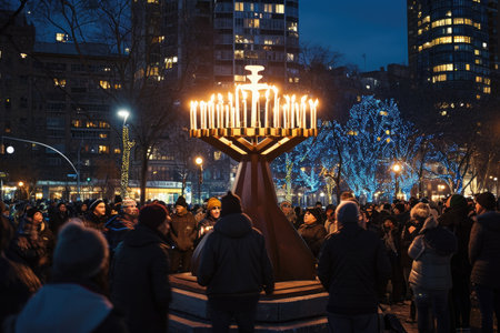A diverse group of individuals standing together around a menorah, celebrating and observing a religious tradition, Menorah lighting ceremony in a bustling city square, AI Generatedの素材