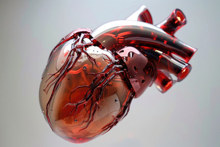 A close-up photograph of a model of a heart with red-colored liquid symbolizing blood flowing out of it, Modern design of an artificial heart, AI Generatedの素材