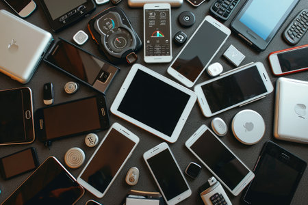 Multiple cell phones arranged in a group on a table, Modern portable devices forming a circle, AI Generatedの素材