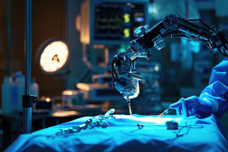 A robotic hand is shown working on a piece of equipment with precision and efficiency, Nano-robots performing surgical operation, AI Generatedの素材