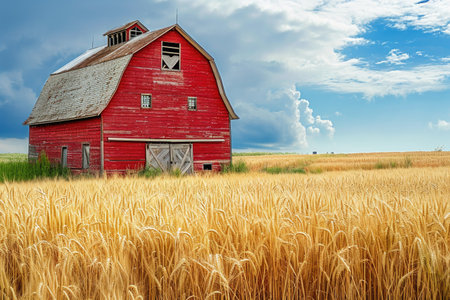 A red barn stands prominently in a vast wheat field as a cloudy sky sets a dramatic backdrop, Old red barn in a field of tall golden wheat, AI Generatedの素材