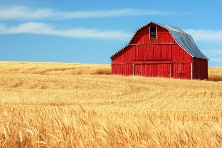 A red barn stands prominently in a vast field of golden wheat, under a clear blue sky, Old red barn in a field of tall golden wheat, AI Generatedの素材