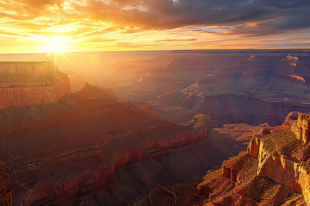 The setting sun casts a warm glow over the majestic Grand Canyon, creating a stunning natural spectacle, Panoramic view of the Grand Canyon at sunrise, AI Generatedの素材