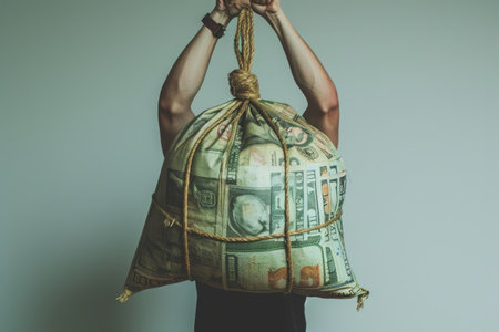 A man is shown holding a bag filled with money tightly in his hands, Person struggling to lift a heavy bag of money symbolising cost of living rises, AI Generatedの素材