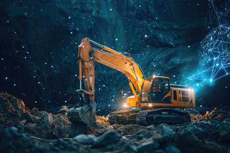A yellow excavator in action at a coal mine, digging and moving soil and rocks, Predictive maintenance of construction machinery through AI technology, AI Generatedの素材