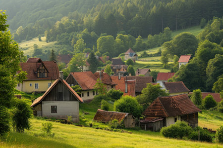 A photo capturing a small village situated amidst a vibrant green hillside, Quaint farmhouses in a peaceful rural village, AI Generatedの素材