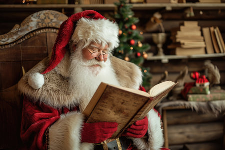 A man dressed as Santa Claus reading a book in his festive attire, Santa Claus reading a list of good boys and girls, AI Generatedの素材