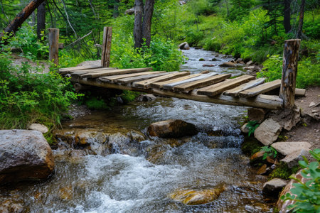 A photo of a small wooden bridge spanning over a calm and narrow stream, Rustic wooden bridge crossing a babbling brook, AI Generatedの素材