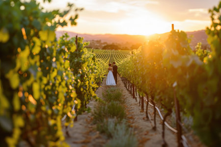 Bride and Groom Standing in a Vineyard at Sunset, Romantic vineyard wedding with rows of grapevines under a purple-hued sunset, AI Generatedの素材