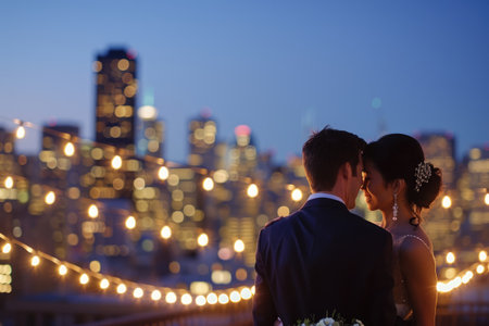 A bride and groom stand in front of a city skyline, celebrating their wedding day, Rooftop wedding with twinkling city lights under a clear night sky, AI Generatedの素材