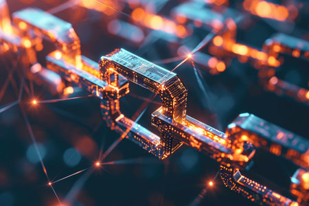 Abstract Image of a Chain Link With Glowing Lights, Shiny blocks interlinked together forming a chain, capturing the essence of blockchain, AI Generatedの素材