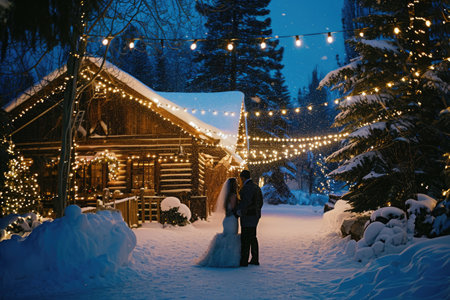 A bride and groom elegantly stand in the snow, posing in front of a traditional log cabin, Snowy winter wonderland wedding with a cozy log cabin and string lights, AI Generatedの素材
