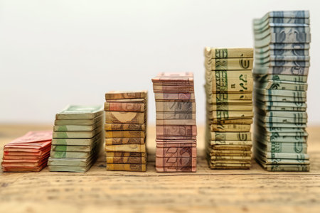Multiple stacks of money are neatly arranged on top of a sturdy wooden table, Stacks of banknotes growing taller representing rising inflation, AI Generatedの素材