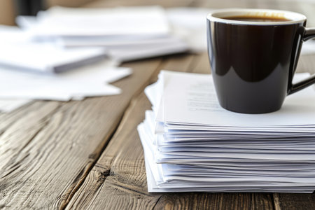 A cup of coffee sits on top of a stack of papers, creating a juxtaposition between work and relaxation, Stack of business documents with a mug of coffee on desk, AI Generatedの素材