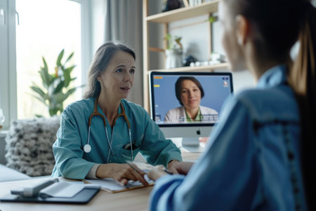 A woman is sitting at a desk, engrossed in her computer work, Telemedicine consultation between a doctor and patient, AI Generatedの素材