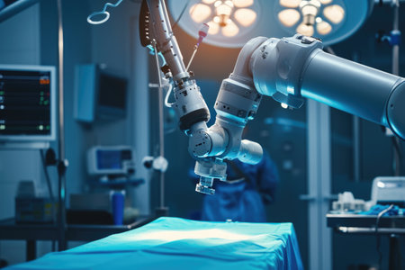 A hospital room filled with essential medical equipment and brightly lit to facilitate patient care, Teleoperated surgical robot performing a minimally invasive surgery, AI Generatedの素材