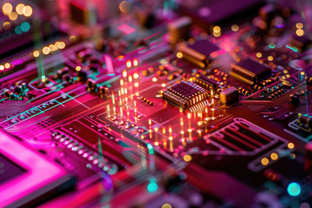 This close up view showcases the intricate components and circuitry of a computer motherboard, The inside of a nano-fabricated computer chip, AI Generatedの素材