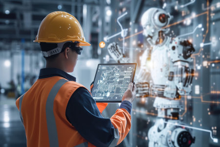 A man wearing an orange safety vest focuses intently as he uses a tablet, The integration of artificial intelligence (AI) in construction management, AI Generatedの素材