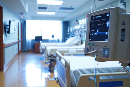 A hospital room with multiple beds and a variety of medical equipment, Wireless patient monitoring system in a hospital ward, AI Generatedの素材