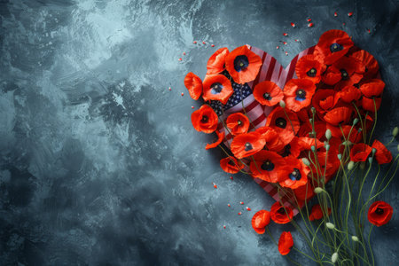 Heart-Shaped Arrangement of Red Poppies, A background depicting a heart-shaped American flag and poppies for Memorial Day, AI Generatedの素材