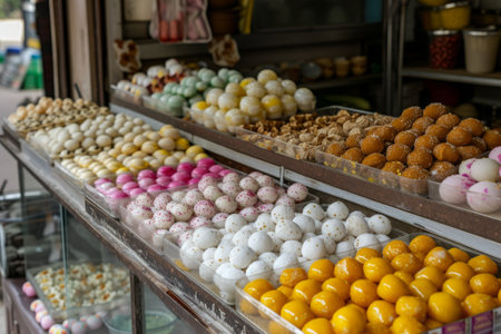Assorted Selection of Candies in a Display Case, A Bengali sweet shop filled with variety of rasgullas, AI Generatedの素材