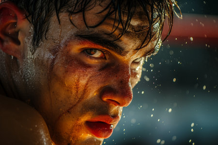 This photo shows a close up of a man with blood on his face, capturing the intensity of the moment, A boxer's face showing determination and grit during a tough match, AI Generatedの素材