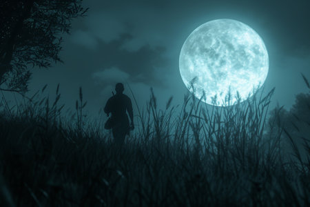 A person stands in a field, with a full moon shining brightly in the background, A bright, full moon illuminating a hunter stalking in the night, AI Generatedの素材