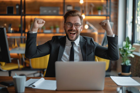 A professional man dressed in a suit and tie, sitting in front of a laptop and engaged in work, A businessman declaring success after obtaining a business loan, AI Generatedの素材