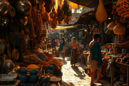 A group of people move through a bustling market, exploring various stalls and interacting with vendors, A bustling marketplace with traditional crafts, AI Generatedの素材