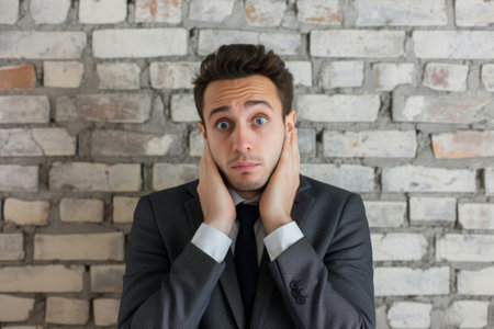 A professional man wearing a suit is seen with his hands covering his face, possibly reflecting stress or surprise, A businessman feeling worried about his chances of loan approval, AI Generatedの素材