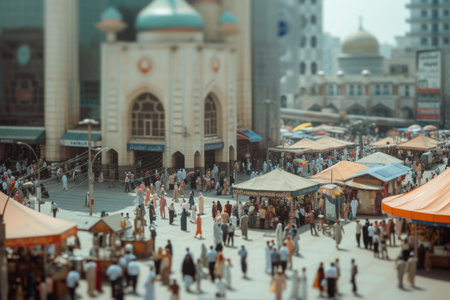 A large group of individuals standing and socializing beside tents set up in a bustling cityscape, A busy city square during Eid festivities, AI Generatedの素材