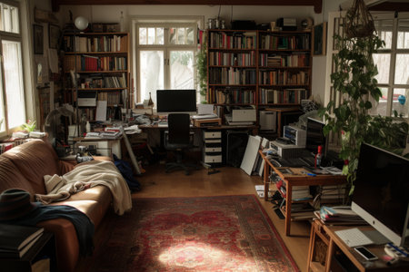 A cozy and well-appointed living room featuring a variety of furniture pieces and an extensive collection of books, A chaotic living room turned into temporary office, AI Generatedの素材