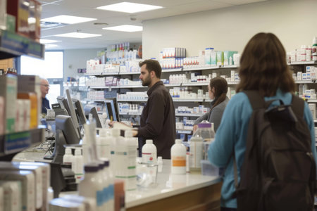 A man and a woman are seen standing inside a pharmacy, surrounded by shelves of medicine and health products, A busy pharmacy counter with multiple customers, AI Generatedの素材