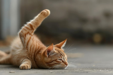 A cat is seen lying on its back on the ground, exposing its belly and paws, A cat stretching in a pose resembling a yoga position, AI Generatedの素材
