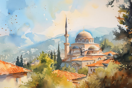 This photo showcases a painted representation of a building featuring a prominent dome structure, A charming watercolor painting of a mosque nestled among hills, AI Generatedの素材
