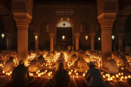 A gathering of individuals sitting in a room filled with candles, creating a warm and intimate atmosphere, A candlelit night scene of worshippers in a mosque during Ramadan, AI Generatedの素材