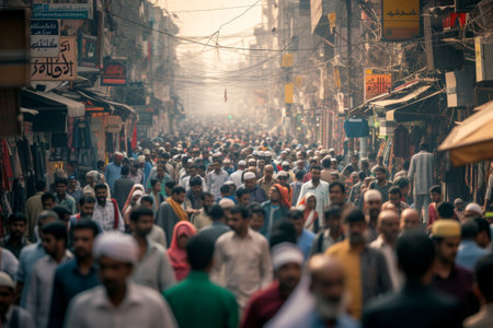 A diverse crowd of individuals walking in unison down a busy urban street, A busy street during Eid celebrations, AI Generatedの素材